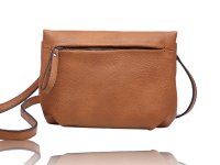 Small messenger bag with a zippered compartment and a back pocket.